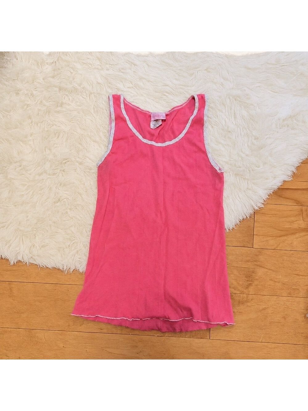 Vintage Sparkle Pink Ribbed Lace Trim Tank Top Women Small Y2K Coquette Vibe